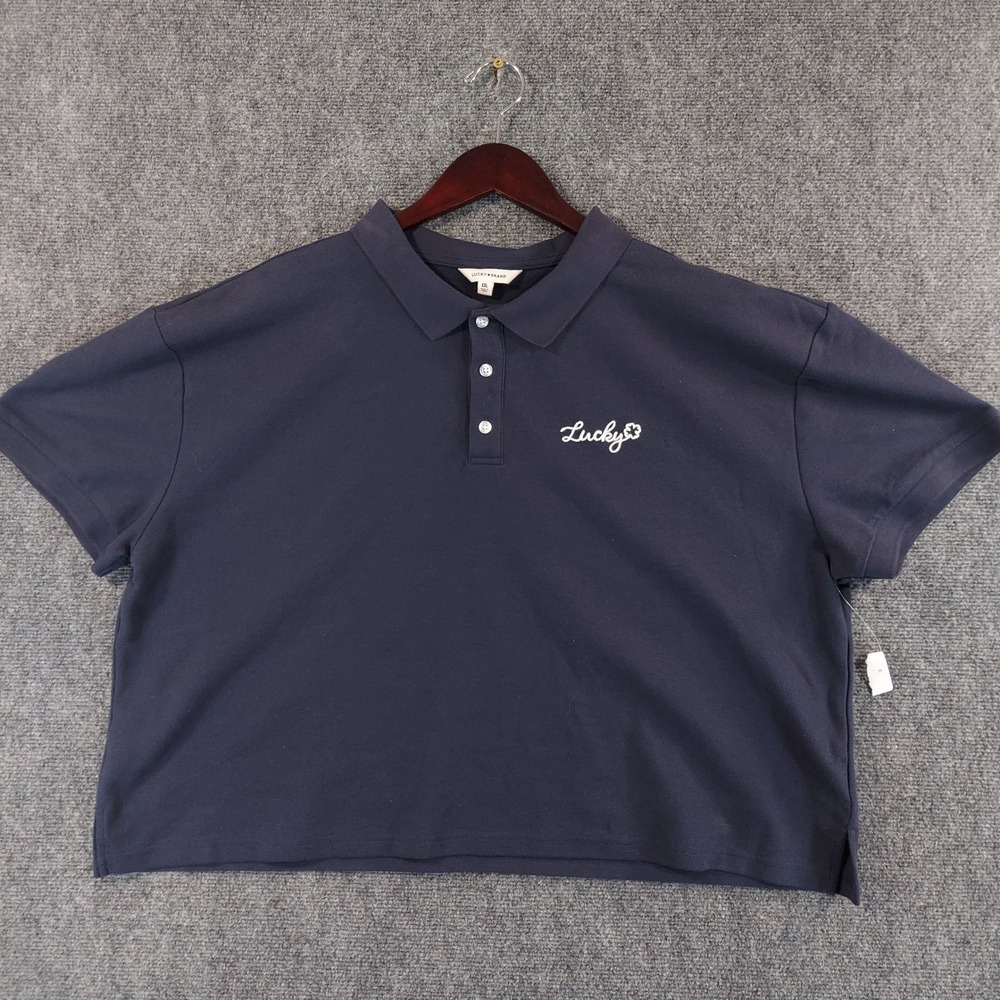 Lucky Brand Polo Shirt Women XXL Navy Blue Short Sleeve Script Logo Cropped Boxy